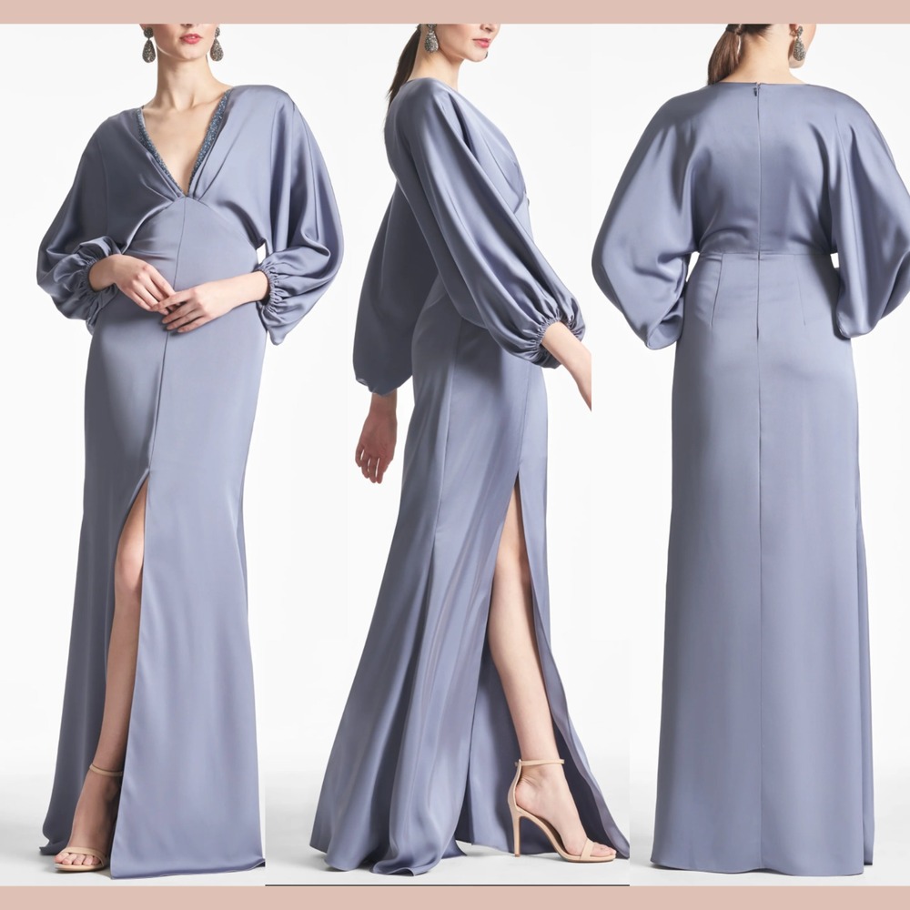 NWT $825‎ Sachin & Babi [ 6 ] Satin Gabby V Neck A Line Gown in Cool Grey S1814